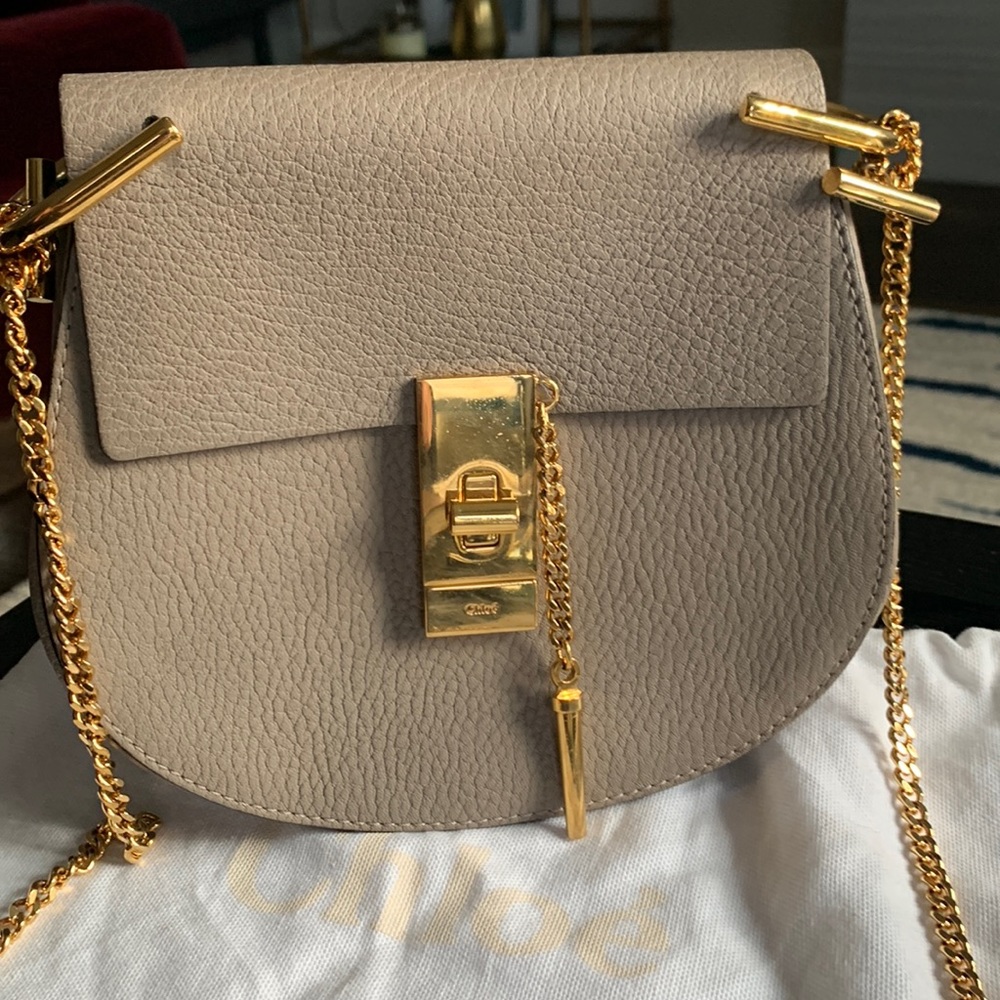 Chloé Mini Drew Bag - taupe leather and gold chain